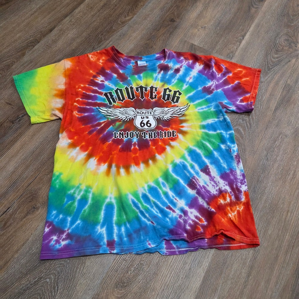 Gildan Route 66 Tie Dye T-Shirt Mens Large Rainbow Spiral Graphic Tee US 66